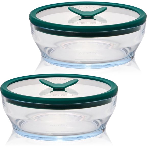 PETGLE 2-Pack (4-Cup Shallow) Glass Food Storage with Glass Lids | Plastic-Free Meal Prep & Microwave Cookware | Stackable Airtight Storage Container with Vented Lid for Microwave-Safe Reheating