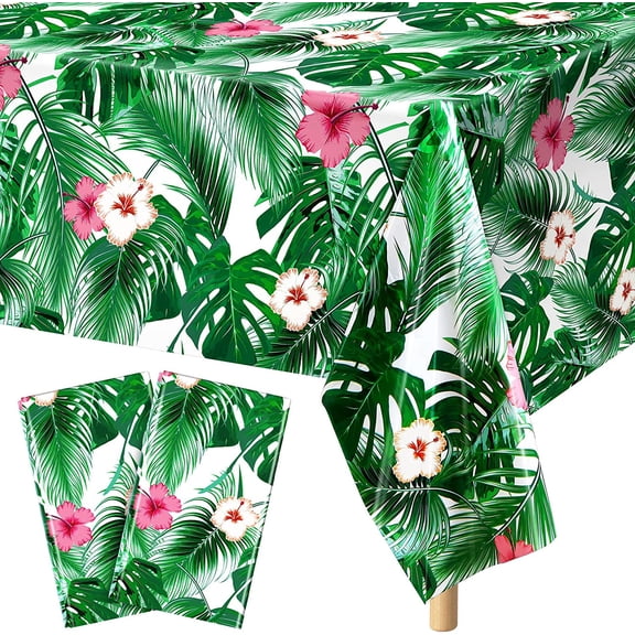 PETGLE 2 Pack 54108 Inch Disposable Palm Leaf Plastic Tablecloths, Waterproof Tropical Table Covers for Hawaiian Luau, Birthday & Summer Themed Indoor Outdoor Party Layout