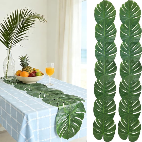 PETGLE 2 Pack 71 Inch Faux Green Palm Leaf Table Runners, Tropical Printed Table Accent Decor for Hawaiian Luau, Wedding, Birthday, Jungle & Safari Themed Indoor Outdoor Party Layout