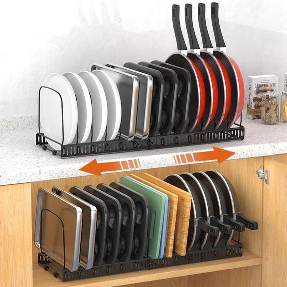PETGLE 2 Pack Baking and Cookie Sheet Organizer, 12"-23" Expandable Cutting Board Rack with 14 Adjustable Dividers, Bakeware Tray Muffin Pan Storage Organizer for Cabinet, Black