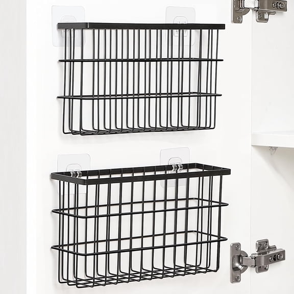 PETGLE 2 Pack Cabinet Door Organizer,Self Adhesive Lid Organizers Inside Cabinet Storage Boxes,Hanging Storage Basket Organizer Wall Mounted Pantry Caddy Cup Holder for Kitchen,Fridge,Bathroom