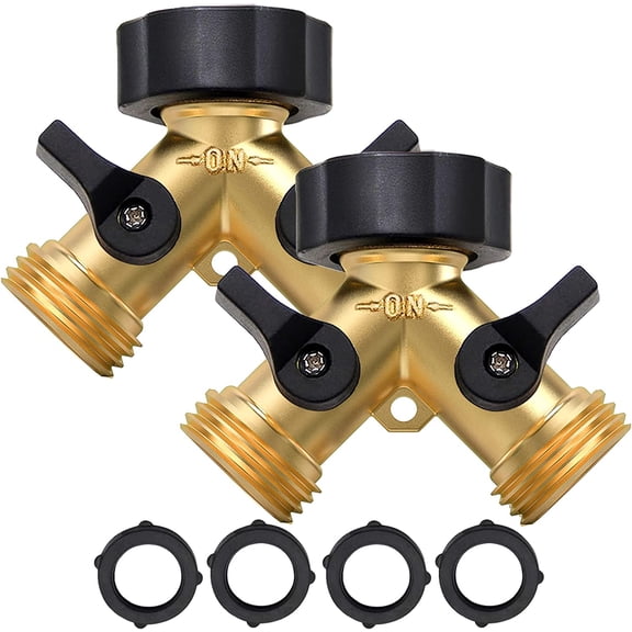 PETGLE 2 Pack Garden Hose Splitter 2 Way, Heavy Duty Brass Connector Tap Splitter, Y Connector Brass Garden Hose Adapter with 2 Valves