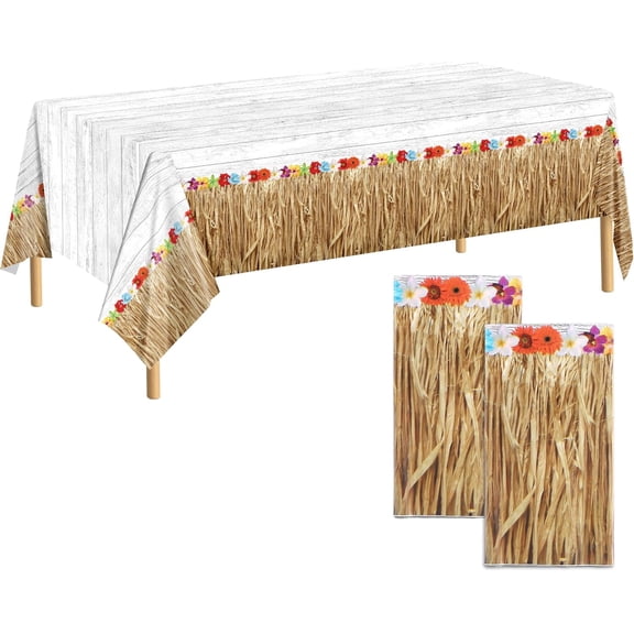 PETGLE 2 Pack Hawaii Luau Grass Tablecloth 54 x 108 Inches Waterproof Plastic Hawaiian Brown Grass Table Skirt with Raffia Libiscus Flowers Table Cover for Summer Tropical Party Decorations
