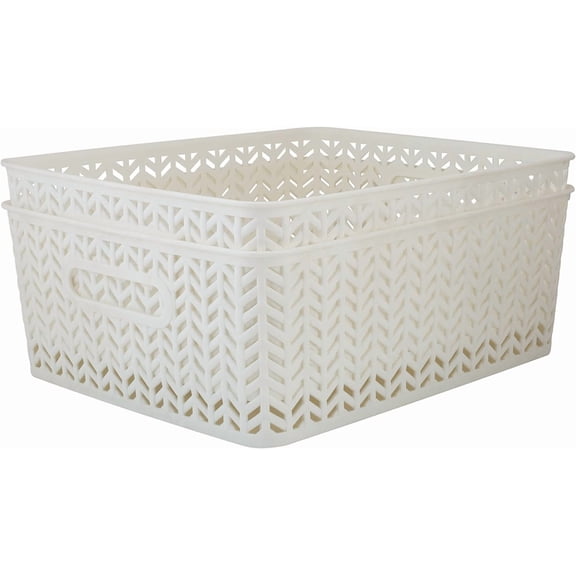 PETGLE 2 Pack Medium Herringbone Storage Basket | Dimensions: 14"x11.5"x5.15" | Multipurpose | Home Organization | 2 Open Handles | White
