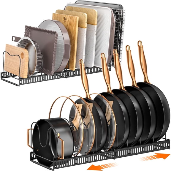 PETGLE 2 Pack Pots and Pans Organizer Rack for under Cabinet, Expandable Pot Lid Kitchen Cabinet Organizer Holder with 10 Adjustable Compartment Cutting Board Organizer for Pan Lid, Bakeware Sheet