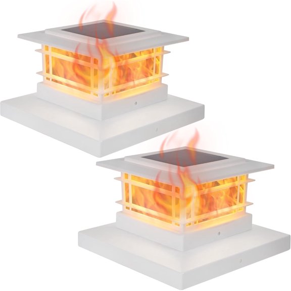 PETGLE 2 Pack Solar Post Cap Lights Outdoor with Flickering Flame Light, White Shell Fence Post Solar Lights Fit 4x4 5x5 Vinyl/Wooden Posts, Brightness LED Lighting Decor for Garden Deck Patio