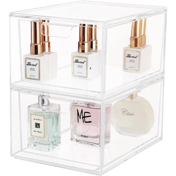 PETGLE 2 Pack Stackable Makeup Organizer - 4.5'' Tall Acrylic Cosmetic Display Case - Clear Plastic Storage Bins For Vanity, Under Cabinets, Pantry Organization