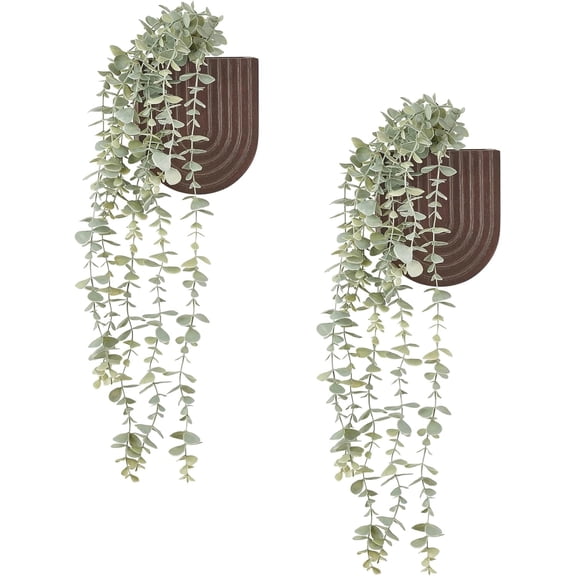 PETGLE 2 Pack Wall Planter Vase with Hanging Fake Plants for Bathroom Decor | Eucalyptus Wall Plants, Boho Farmhouse Wood Wall Art Decor for Living Room Bedroom Kitchen Home Office, 2 Ways to Hang