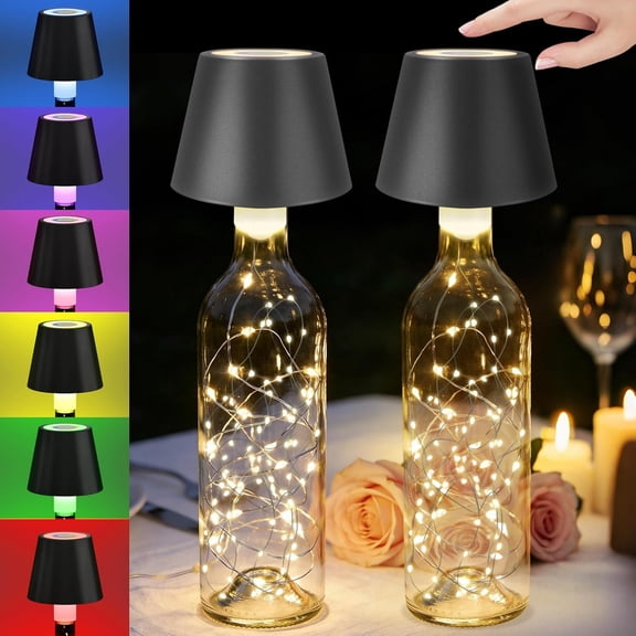 PETGLE 2 Pack Wine Bottle Lamps Wireless 8 Colors, 4000mAh Rechargeable Bottle Lights Cordless with Touch Dimming, Lamp Kit for Whiskey Liquor Bottles for Party Restaurant Home Bar Decor (2PCS Black)