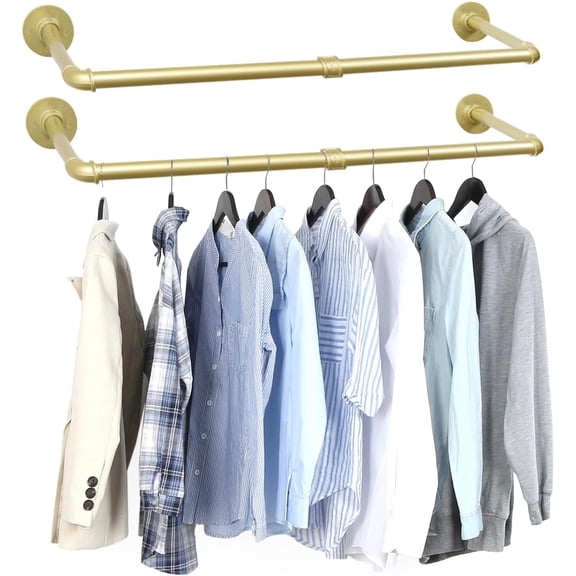 PETGLE 2 Packs Gold Industrial Pipe Clothes Rack,36 inch Pipe Garment Rack Hanging Rod Bar for Closet Storage,Laundry Room Up to Max Load 135lbs