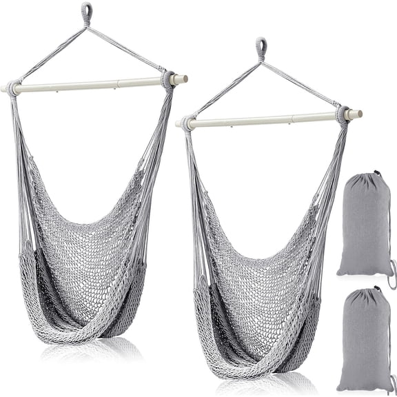 PETGLE 2 Pcs Hanging Hammock Chair Boho Swing Chair Outdoor Indoor Comfy Soft Cotton Rope Weaving with 40 Inch Detachable Metal Bars for Backyard Living Room Garden, 270lb Capacity(Light Gray)
