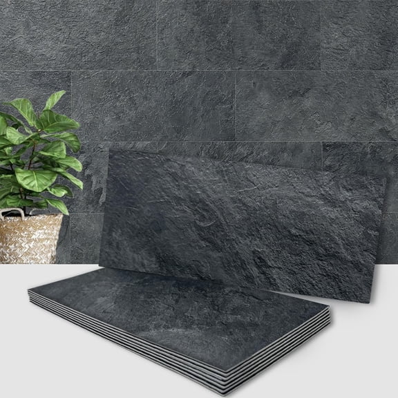 PETGLE 2-Piece Black Slate Peel and Stick Backsplash Wall Tiles, 6" x 12" PVC Faux Stone Stick on Tiles for Backsplash Kitchen, Bathroom, Laundry Room, Camper, Fireplace