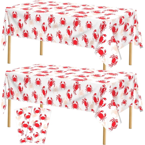PETGLE 2 Pieces Crab Boil Plastic Tablecloth 108 x 54 Inch Rectangular White and Red Sea Animal Table Cover Waterproof Crab Tablecloth for Summer Party Supplies Home Outdoor Decorations