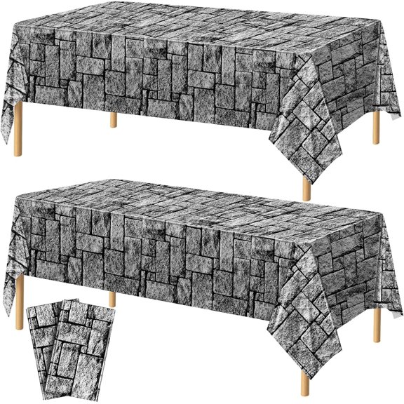 PETGLE 2 Pieces Stone Wall Plastic Tablecloths 108 x 54 Inches Disposable Waterproof Medieval Stone Brick Table Covers Rustic Western Castle Knight Themed Party Table Decorations