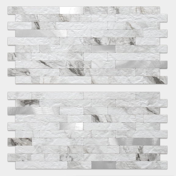 PETGLE 2 Sheets White Marble Peel and Stick Backsplash Tile, Faux Stone PVC Mixed Metal Stick on Backsplash Kitchen Wall Tiles