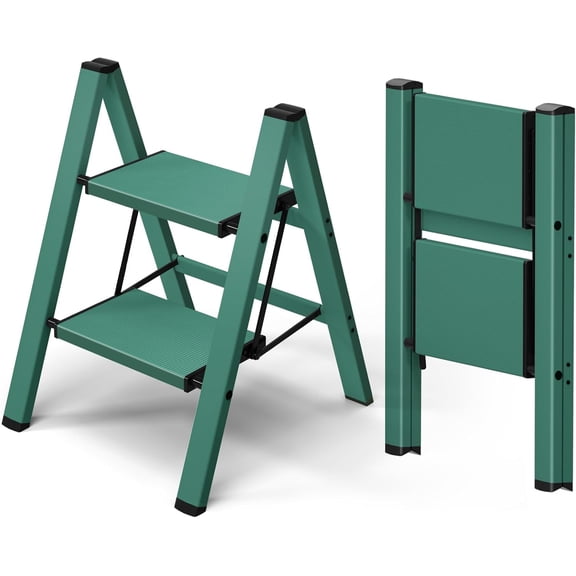 PETGLE 2 Step Ladder,Aluminum Lightweight Folding 2 Step Stool with Anti-Slip Wide Pedal,330lbs Capacity Step Ladder for Household,Kitchen,Office - Green