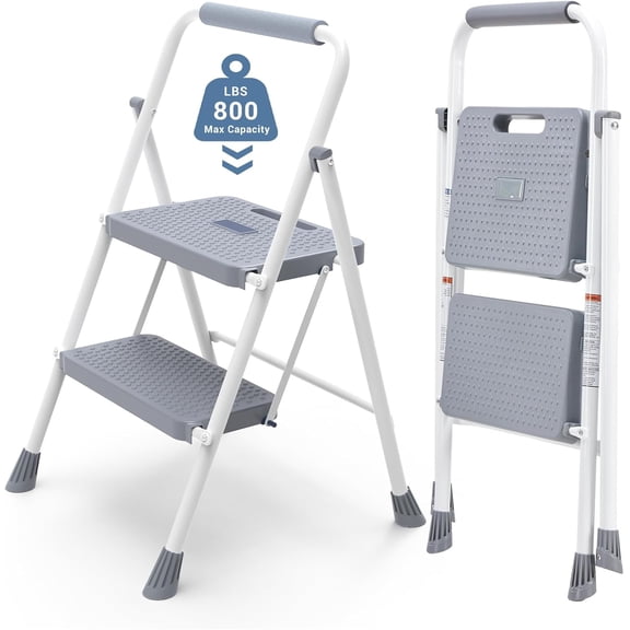 PETGLE 2 Step Ladder, Sturdy Step Stool with Anti-Slip Pedal & Comfortable Handrail, Portable Heavy Duty Step Stool for Kitchen, Garage & Outdoor Use, 800lbs, Grey
