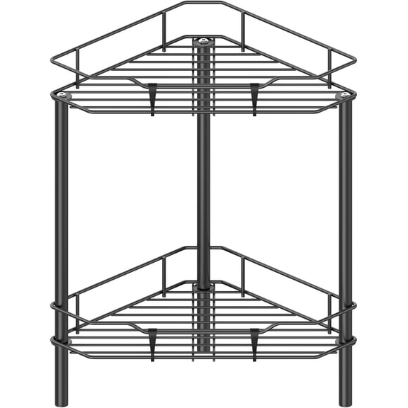 PETGLE 2 Tier Floor Standing Corner Shower Caddy Organizer Shelf with Hooks, Bathroom Shelves Stand Rack, Black