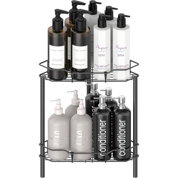 PETGLE 2 Tier Floor Standing Corner Shower Caddy Organizer Shelf with Hooks, Bathroom Shelves Stand Rack, Matt Black
