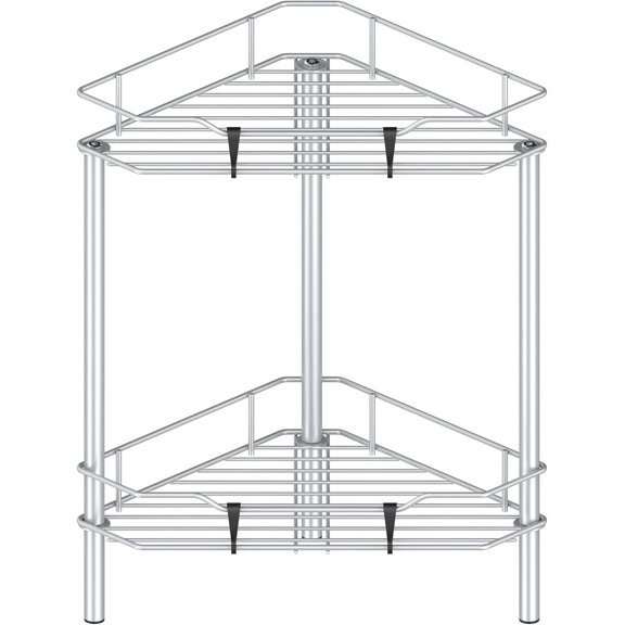 PETGLE 2 Tier Floor Standing Corner Shower Caddy Organizer Shelf with Hooks, Bathroom Shelves Stand Rack, Silver