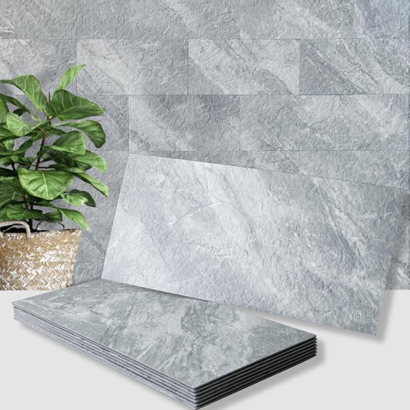 PETGLE 20-Piece Peel and Stick Backsplash Wall Tiles, 6" x 12" PVC Grey Marble Faux Stick on Tiles for Backsplash Kitchen, Bathroom, Laundry Room, Camper, Fireplace