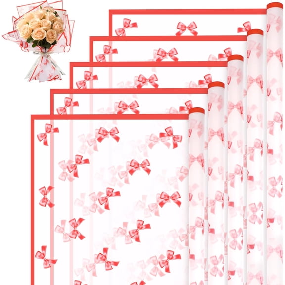 PETGLE 20 Sheets Flower Wrapping Paper Waterproof Bouquet Paper with Bow Pattern Red Gift Wrapping Paper for Valentine's Day Flower Shop, Wedding, Mother's day, Handmade DIY, Anniversary