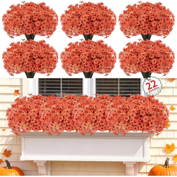 PETGLE 22 Bunch Outdoor Artificial Flowers with Plastic Plants Violets Faux Flowers,Outdoor Front Porch Hanging Planter Window Frame Garden Decor (Orange)