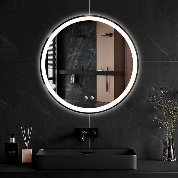 PETGLE 24 Inch Round LED Bathroom Mirror with Lights, Circle Vanity Mirror with Anti-Fog, Dimmable, 3-Color Light, Front Light and Backlit, Memory Function, Tempered Glass