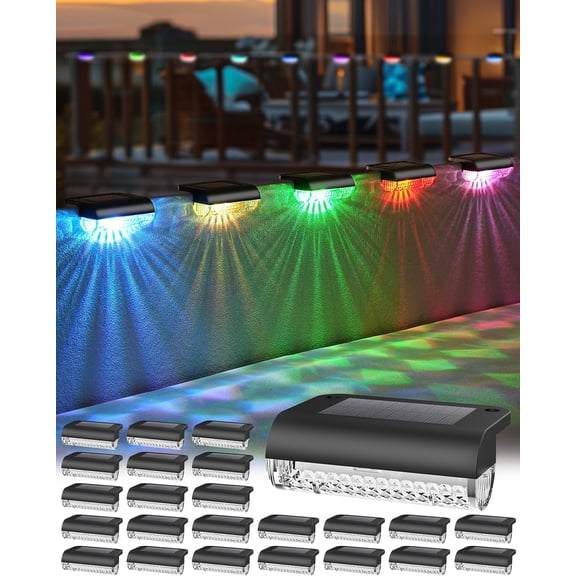PETGLE 24 Pack Solar Fence Lights Outdoor Color Changing Solar Deck Lights Waterproof Led Step Lights for Outdoor Stairs, Auto Dusk-to-Dawn, Low Profile, for Vinyl Fence Railing Deck Patio Yard