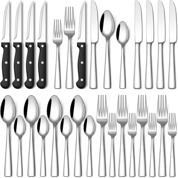 PETGLE 24-Piece Silverware Set with Steak Knives, Food-Grade Stainless Steel Flatware Set for 4 Mirror Polished Cutlery Utensil Sets Include Forks Spoons and Knives Set Dishwasher Safe