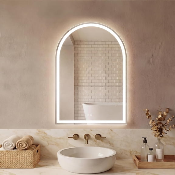 PETGLE 24"x 32" LED Arched Bathroom Mirror with Lights, Arched Lighted Bathroom Vanity Mirror with Anti-Fog, Dimmable, 3-Color Light, Memory Function, Tempered Glass
