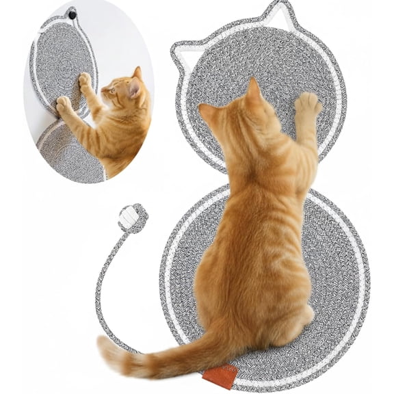PETGLE 25.6 Inch Large Scratching Mat for Indoor Cats Natural Cotton Rope Flat Scratcher with Ear Hooks and Ball Toy Cat Scratch Rug Pad for Wall, Couch, Carpets, Sofas(Light Gray)
