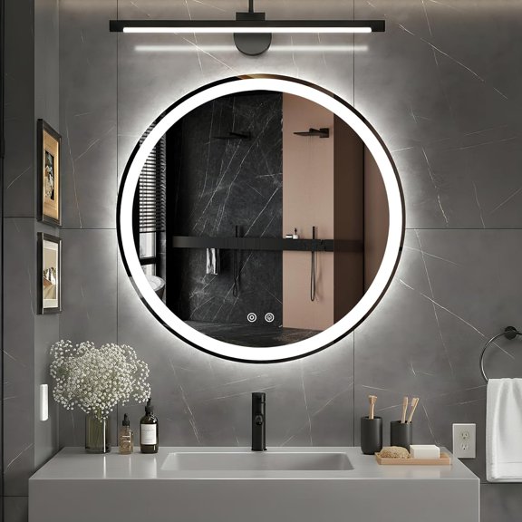 PETGLE 28 Inch Round LED Bathroom Mirror with Lights, Circle Vanity Mirror with Anti-Fog, Dimmable, 3-Color Light, Front Light and Backlit, Memory Function, Tempered Glass