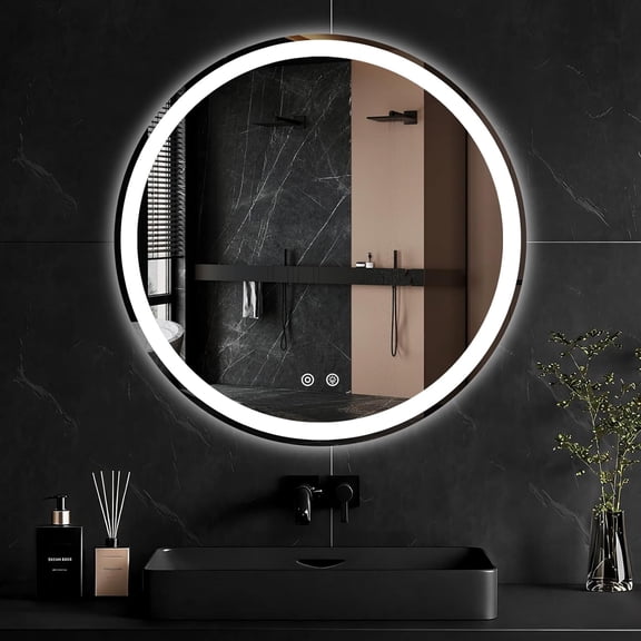 PETGLE 28 Inch Round LED Bathroom Mirror with Lights, Circle Vanity Mirror with Anti-Fog, Dimmable, 3-Color Light, Memory Function, Tempered Glass