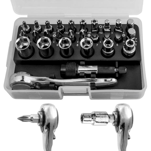 PETGLE 28-in-1 Mini Right Angle Ratchet Tool Set, 1/4" Drive Sockets & Multi-Type Bits for Narrow Confined Spaces