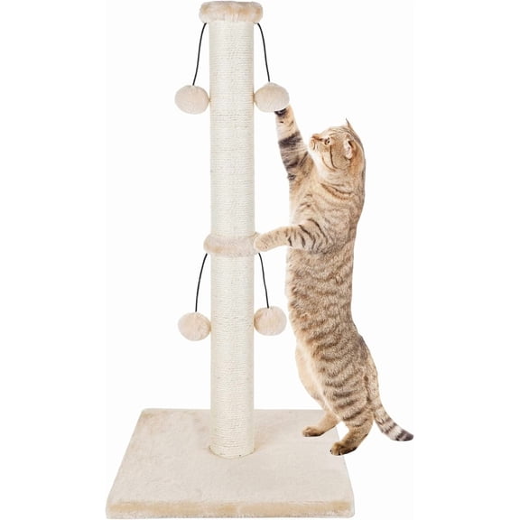 PETGLE 29'' Cat Scratching Post, Natural Sisal Rope Scratch Post with 4 Teasing Toy Balls for Large Cats (Beige)