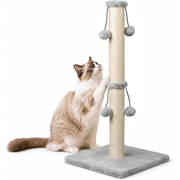 PETGLE 29'' Cat Scratching Post, Natural Sisal Rope Scratcher Post, Kitten Claw Scratch with 4 DanglingToy Balls for Large Cats (Grey)