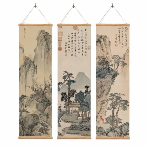 PETGLE 3Piece Set Chinese Ancient Landscape Scroll Wall Art Posters, Oriental Traditional InkStyle Mountain Water Canvas Prints for Living Room, Bedroom and Study Room Home Decoration