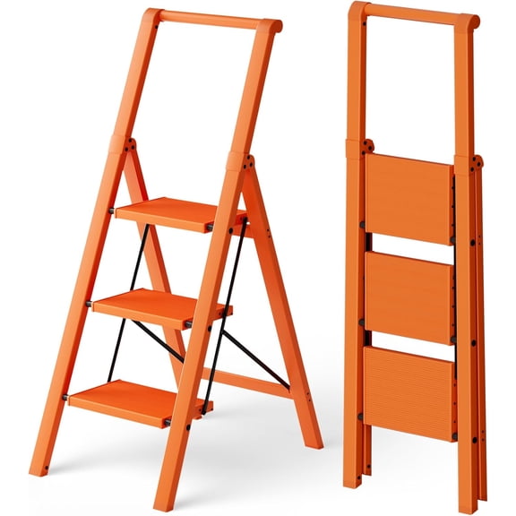 PETGLE 3 Step Foldable Aluminum Step Ladder with Handgrip, Anti-Slip Pedal, 330 lbs Capacity, Lightweight & Portable for Home, Kitchen, Office, Garage (Orange)