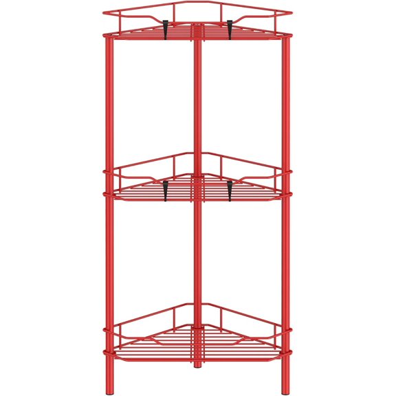 PETGLE 3 Tier Floor Standing Corner Shower Caddy Organizer Shelf with Hooks, Bathroom Shelves Stand Rack, Red