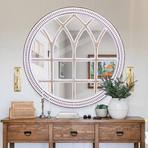 PETGLE 30 Inch Farmhouse Round Wood Window Mirror for Wall Decor | Decorative Windowpane Mirrors for Bathroom Vanity, Entryway, Living Room, Bedroom & Mantel Decor