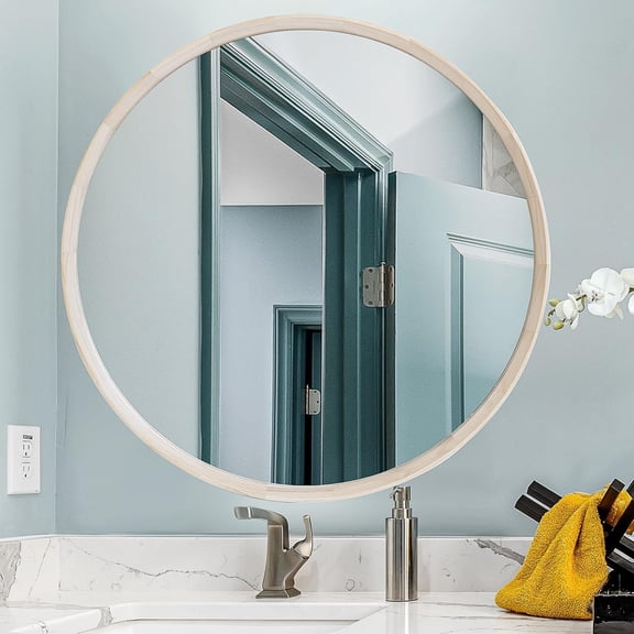 PETGLE 30 Inch Round Natural Wood Mirror, Large Wall Circle Frame for Bathroom, Nursery Decor