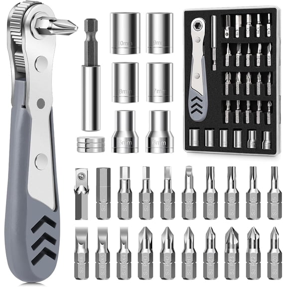 PETGLE 30-in-1 Right Angle Magnetic Ratchet Screwdriver Set, 36-Tooth Low Profile Offset Mini Ratchet Wrench, Compact Repair Tool for Narrow Tight Spaces