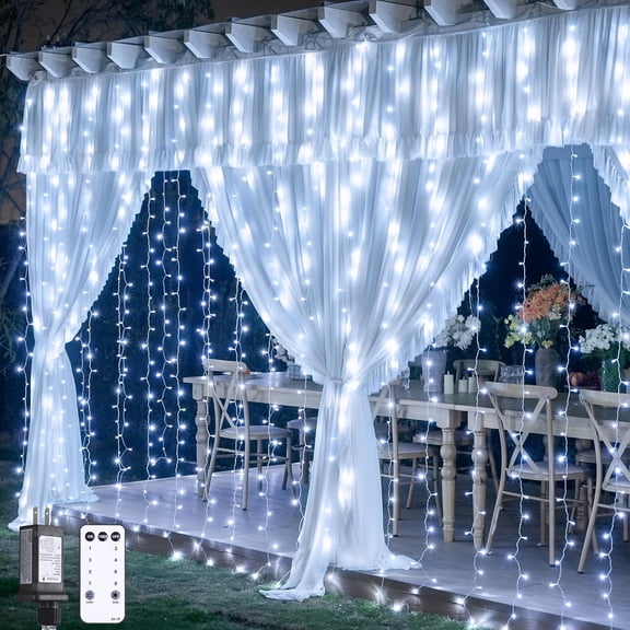 PETGLE 300 LED 9.8x9.8Ft Curtain Lights Indoor with Remote, White Christmas Lights Plug in, 8 Modes White String Lights for Bedroom Wall Wedding Reception Dorm Party Backdrop Window Outdoor Decor