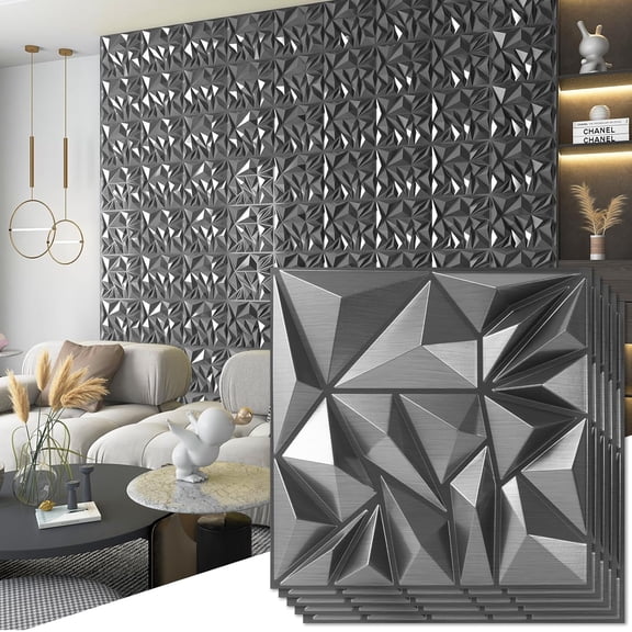 PETGLE 33-Pack 3D Wall Panels - Diamond Textured Feature Paneling for Gaming, Living Room, TV Wall - 12 x 12 inch Silver