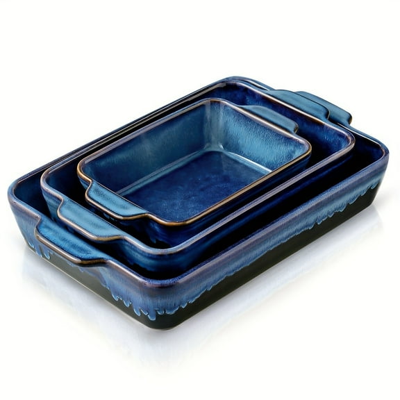 [PETGLE 3Pcs Ceramic Bakeware Set, 9x13 Inches Rectangular Casserole Dish, Lasagna Pan Baking Set with Reactive Glaze, Nebula Blue, for Cooking Cake Dinner Kitchen