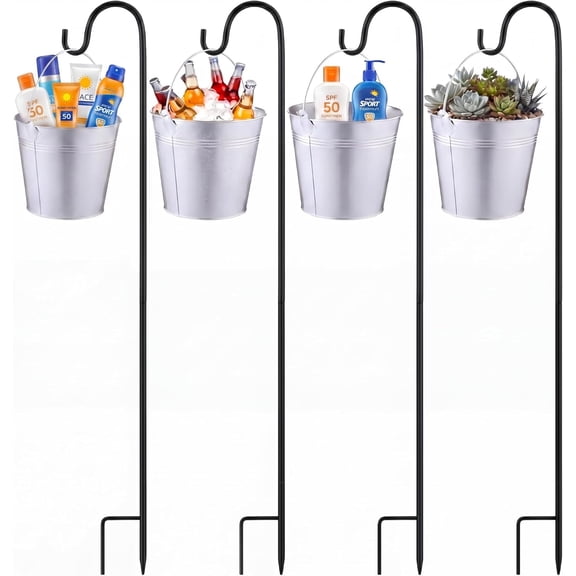 PETGLE 4 Pack 31.5 Inch Mini Outdoor Shepherd Hooks with Handled Metal Buckets, Portable Storage Station for Poolside Sunscreen, Bug Spray, Garden Floral & General Outdoor Storage