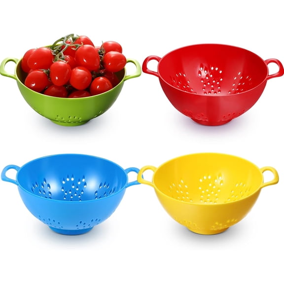 PETGLE 4 Pack Mini Colander for Kitchen Plastic Berry Strainer with Double Handles 7.5 x 6 x 3 Inch Small Colander Strainer for Fruits Vegetables Food (Green,Red,Blue,Lemon Yellow)