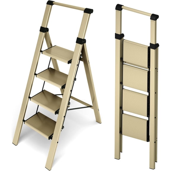 PETGLE 4 Step Foldable Aluminum Step Ladder with Handgrip, Anti-Slip Pedal, 330 lbs Capacity, Lightweight & Portable for Home, Kitchen, Office, Garage (Gold)