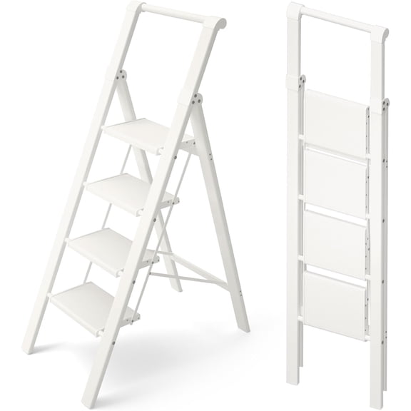 PETGLE 4 Step Foldable Aluminum Step Ladder with Handgrip, Anti-Slip Pedal, 330 lbs Capacity, Lightweight & Portable for Home, Kitchen, Office, Garage (White)